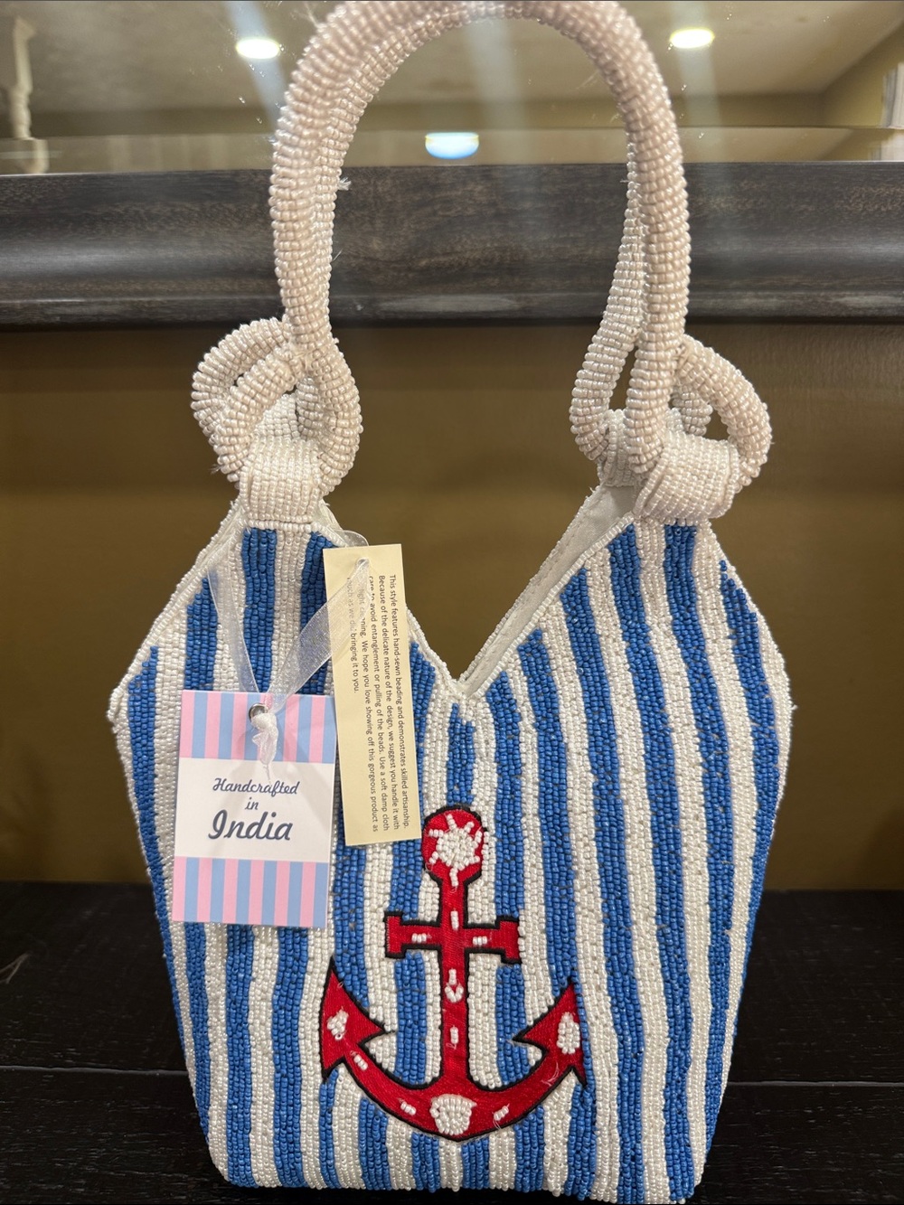 Blue & White Striped Beaded Shoulder Bag with Red Anchor Accent